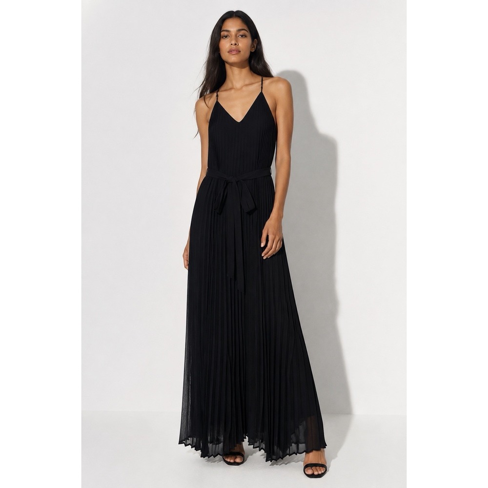Victoria's Secret Pleated Maxi Dress Black Minimalist Racerback Belted M